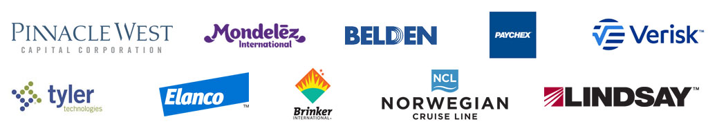 Client logos: Pinnacle West Capital Corporation, Mondelez International, Belden, Paychex, Verisk, Tyler Technologies, Elanco, Brinker International, Norwegian Cruise Line, Lindsay